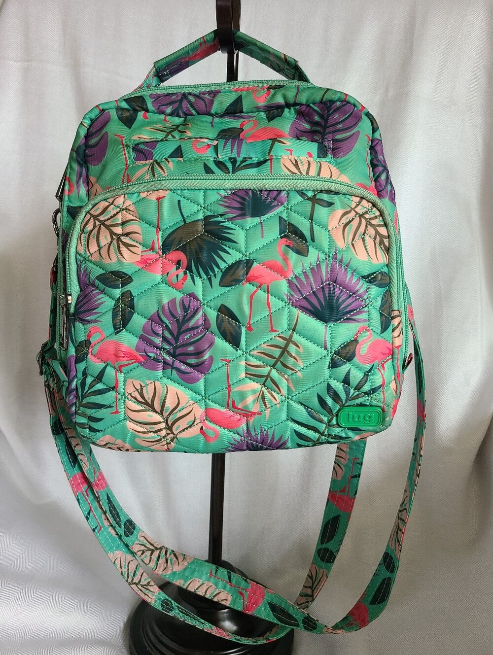 Lug Quilted Crossbody Bag in Teal Flamingo Print